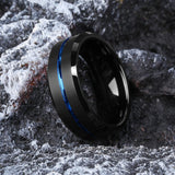 New Fashion Stylish Matte Brushed Black Plated Blue Lined Tungsten Rings - Engagement Wedding Jewellery - The Jewellery Supermarket