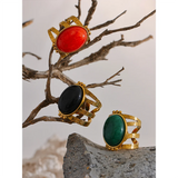18K Gold Plated Red Black Green Stone Stainless Steel Open Adjustable Popular Fashion Ring