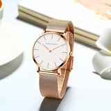 New Simple Elegant Rose Gold Tone Stainless Steel Women Bracelet Watch - Quartz Movement Steel Mesh Watches