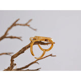 18K Gold Plated Exquisite Stainless Steel Natural Stone Shell Rotatable Open Unique Ring
