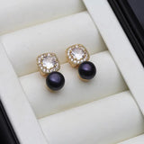 Square Setting AAA Zircon Diamonds Hanging Natural Multicolour Pearls Stud Earrings