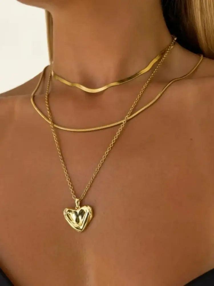 New In Fashion 14K Gold Colour Heart-Shaped Trendy Multi-Layer Fashion Necklaces For Women and Girls - The Jewellery Supermarket