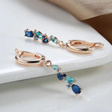 New Fashion 14K Rolled Rose Gold Luxury Blue AAA Zircon Crystals Leaf Long Dangle Earrings - Fine  Jewellery