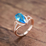 Luxury Fashion Water Drop 14K Rolled Rose Gold Blue AAA Zircon Crystals Big Ring for Women - Daily Jewellery