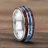 Blue Crystal Stone Inlaid Hawaiian Koa Wood 6/8mm Tungsten Carbide Rings