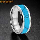 Blocky Turquoise Inlay Polished Bevel Edges Tungsten Carbide Rings for Men Women