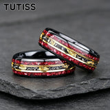 Unique Red Garnet & Meteorite Gold Foil Inlaid With Two-tone Tungsten Wedding Rings