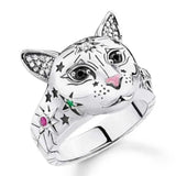 New Silver Plated Cute Cat Rings for Women and Girls - Crystal Zircon Carved Star Fashion Creative Party  Ring