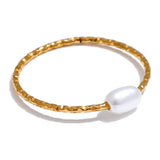 18K Gold Plated Trendy Stainless Steel Natural Pearl Thin Finger Versatile Ring