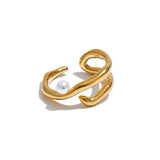 18k Gold Plated Stylish Unique Stainless Steel Pearls Geometric Open Chic Ring