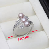 Luxury White Natural Pink White Pearls AAA Zircon Diamonds Silver Ring