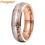 Polished Bevel Edges Deer Antler, Meteorolite Inlay 6/8mm Tungsten Carbide Rings