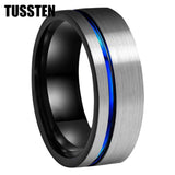 New Arrival 8MM Black Blue Offset Grooved Brushed Tungsten Carbide Wedding Ring for Men Women - The Jewellery Supermarket