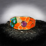 Exquisite Handmade Enamel 18KGP Sunflower Orange Zircon 925 Silver Ring