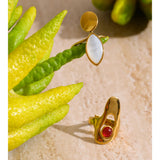 18K Gold Plated Stainless Steel Red Agate Stone Shell Geometric Chic Trendy Ring