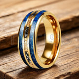 Polishing Dome Blue Glass Stone Meteorite Gold Foil Inlay 6mm 8mm Tungsten Rings