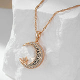 Unique 14K Filled Rose Gold Black Enamel Moon And Star Trendy Pendant Necklace n With Shiny AAA CZ Crystals.