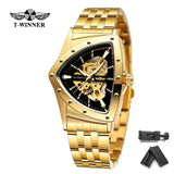 New Mechanical Watch Fashion Business Golden Stainless Steel Brand Waterproof Triangle Skeleton Wrist Watches