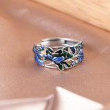 925 Silver Hadmade Cloisonne Blue Green Enamel Peony Flower Vintage Rings