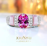 Luxury Lab Created Pink Tourmaline Gemstone Ring Set with AAAAA High Carbon Diamonds Powder Shell Jewellery - The Jewellery Supermarket