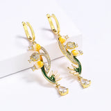 Elegant Yellow Flower Handmade Enamel AAA Zircon Diamonds Pendant Earrings