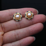 Floral Cluster Real Multicolour Pearls AAA Zircons Silver Stud Gold Colour Earrings