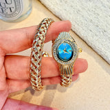 Snake Head Embellished Crystals Hollow-Out Woven Steel Bracelet Women's Watch