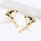 Exquisite Scalloped Flower Handmade White Black Enamel Zircon Diamonds Tassel Earrings