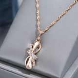 Luxury 14K Rolled Rose GoldCute Bowknot AAA Zircon Diamonds Pendant And Necklace For Women - Trendy Jewellery