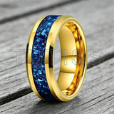 Blue Glass Stone Inlay Beveled Edge Polished 6/8mm Tungsten Carbide Rings