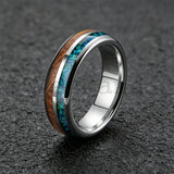 Inlaid Whiskey Barrel Wood and Blue-Green Opal 6/8MM Men Women Tungsten Rings