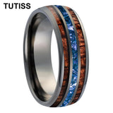 Blue Crystal Stone Inlaid Hawaiian Koa Wood 6/8mm Tungsten Carbide Rings