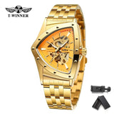 New Mechanical Watch Fashion Business Golden Stainless Steel Brand Waterproof Triangle Skeleton Wrist Watches