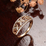 Superb Hollow Crystal Flower 14K Rolled Rose Gold AAA Zircon Diamonds Pave Setting Ring - Fine Vintage Jewellery