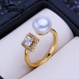 Elegant Design Real Pearl with princess-cut AAA cubic zirconia Gold Plated Ring