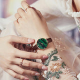 New Elegant Ladies Watch with Quartz Movement Green Peacock Stone Dial  Casual Leather Rose Plated Gold Watches