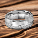 Dome Double Groove Inlaid Meteorite Mother Of Pearl Shell Tungsten Carbide Rings