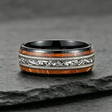 Whiskey Barrel Wood, Meteorite & Guitar String Inlay 8mm Tungsten Carbide Rings