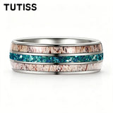 Deer Antler & Meteorite Inlay Silver 8mm Tungsten Carbide Mens Wedding Rings
