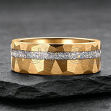 Gold Hammered Crushed White Opal Inlay 6/8mm  Wedding Tungsten Couples Rings