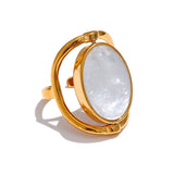 18K Gold Plated Exquisite Stainless Steel Natural Stone Shell Rotatable Open Unique Ring