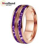 Purple Crystal Stone and Guitar String Inlay 8mm Tungsten Carbide Rings Men Women