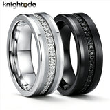 Inlaid Zircon Silver/Black Brushed Finish 8MM Tungsten Steel Wedding Rings