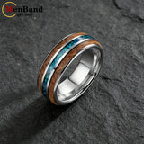 Inlaid Whiskey Barrel Wood and Blue-Green Opal 6/8MM Men Women Tungsten Rings