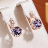 Vintage Style 14K Rolled Rose Gold Full AAA Zircon Crystal Surround Purple Drop Sparkling Earrings for Women