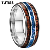 Blue Crystal Stone Inlaid Hawaiian Koa Wood 6/8mm Tungsten Carbide Rings