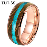 Amazing Whiskey Barrel Oak Wood Crushed Turquoise Inlay Tungsten Carbide Rings