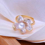 Pearl Flower 18KGP Five Pinkish-White Enamel Floral Petals AAA Zircon Diamonds Rings