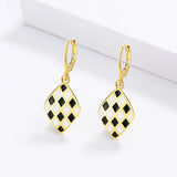 Handmade Enamel Exquisite Diamond Black and White Plaid 925 Silver Earrings