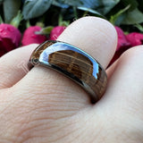 Whiskey Barrel Oak Wood Inlay Domed Polished Tungsten Engagement Wedding Rings